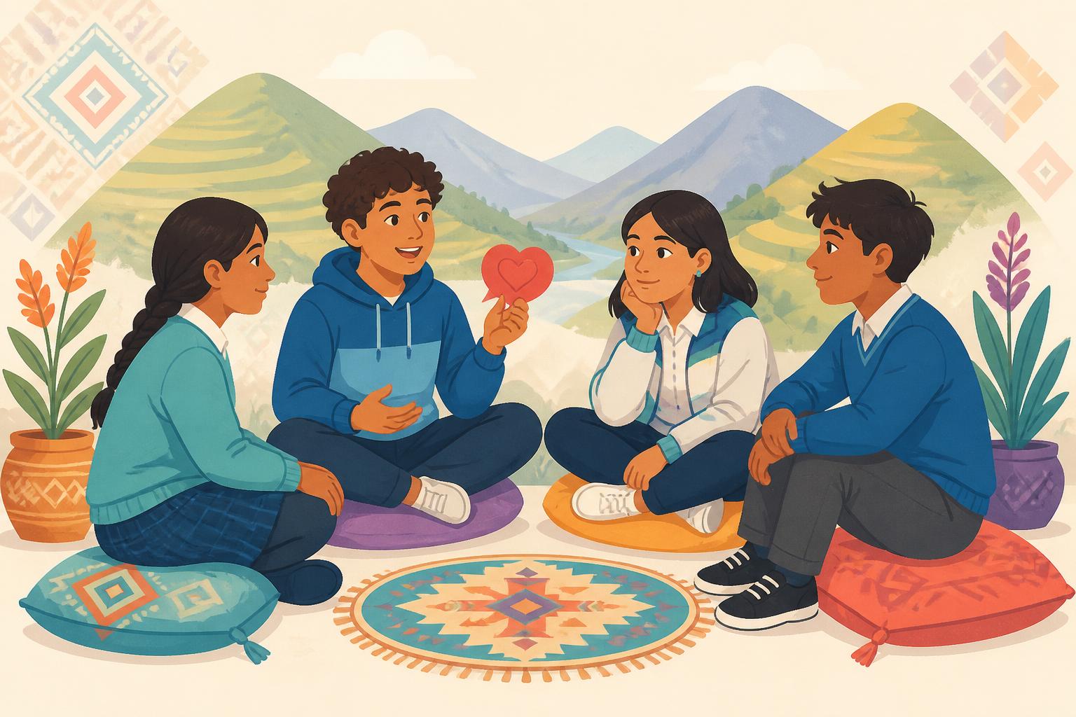 Estudiantes peruanos conversando en un patio escolar del valle andino